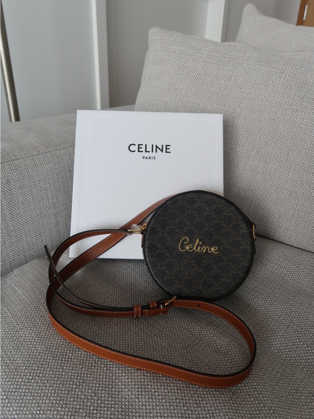 Celine Brown Monogram Round Crossbody with Tan Strap